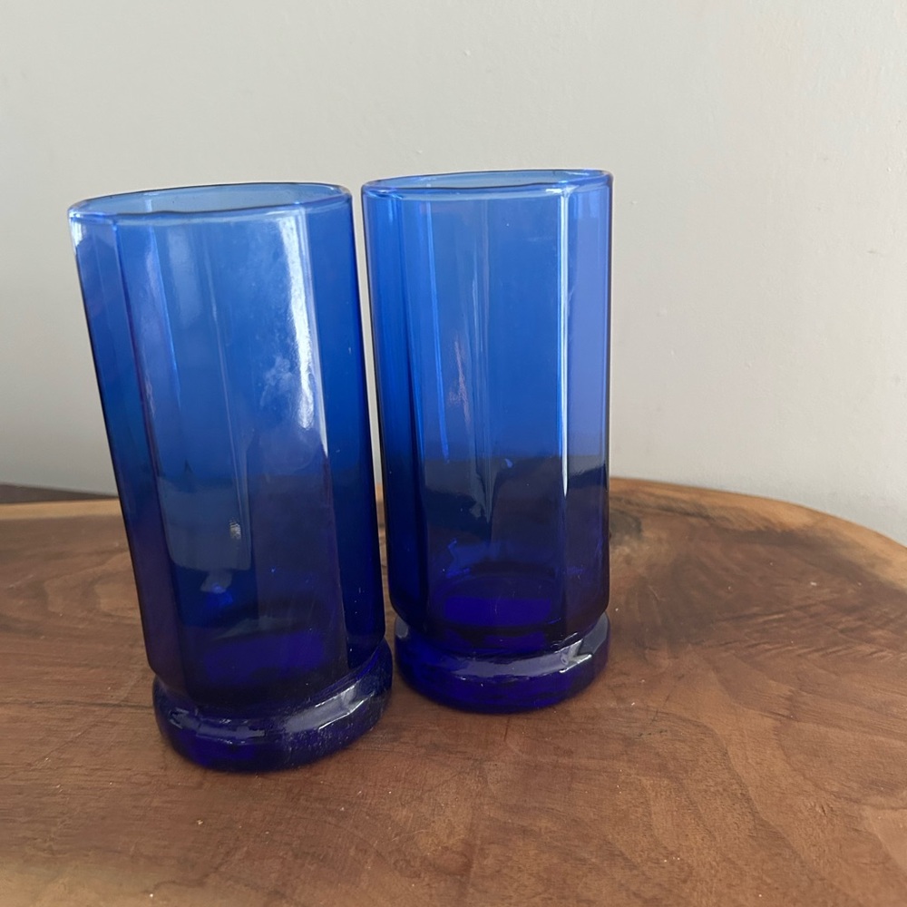 Set Of 2 Anchor Hocking Essex Cobalt Blue Glass 16 oz 10 Sided Tumblers